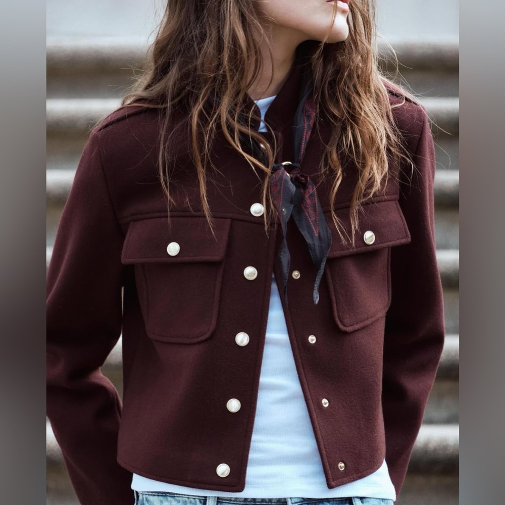 Zara NWOT Burgundy Military-Inspired Utility Women's Jacket with Gold Buttons